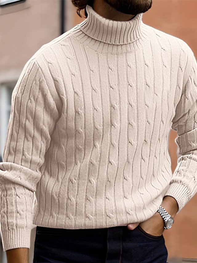  Men's Sweater Turtleneck Sweater Pullover Ribbed Cable Knit Knit Knitted Plain Turtleneck Keep Warm Modern Contemporary Daily Wear Going out Clothing Apparel Fall & Winter Black White M L XL