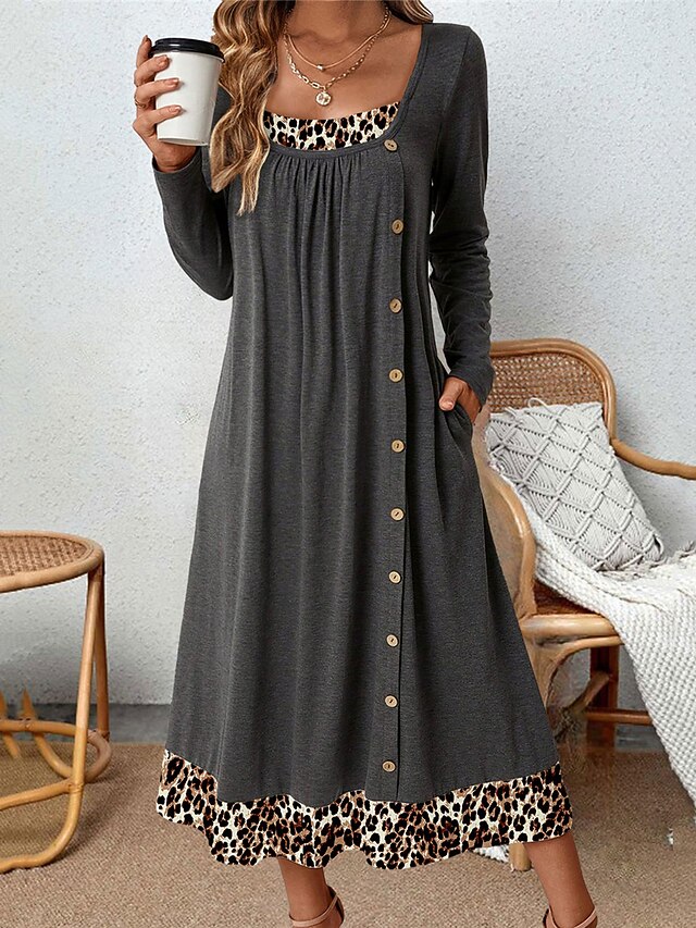 Women's Casual Dress Winter Dress Print Dress Leopard Patchwork Button