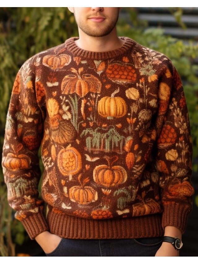 Men's Pumpkin Ghost Pullover Sweater Jumper Halloween Cardigan Knitwear Crew Neck Fashion Streetwear Designer Vacation Halloween Daily Wear Knitted Long Sleeve Fall & Winter Brown Gray4