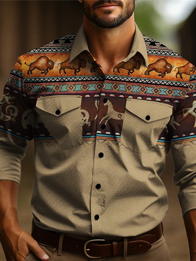 Tribal Bandana-afdruk Vintage Tribal Voor heren Overhemd Westers overhemd Buiten Straat Casual / Dagelijks Herfst winter Strijkijzer Lange mouw Geel Grijs S M L Overhemd