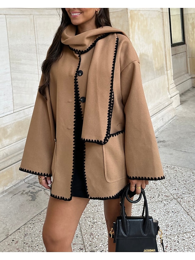  Femme Manteau Chaud Brodée Poche Elégant Classique Moderne Couleur unie Soirée Travail Usage quotidien Boutonnage Simple Normal Ras du cou Ample manche longue Vêtements d'extérieur Noir Bleu Kaki