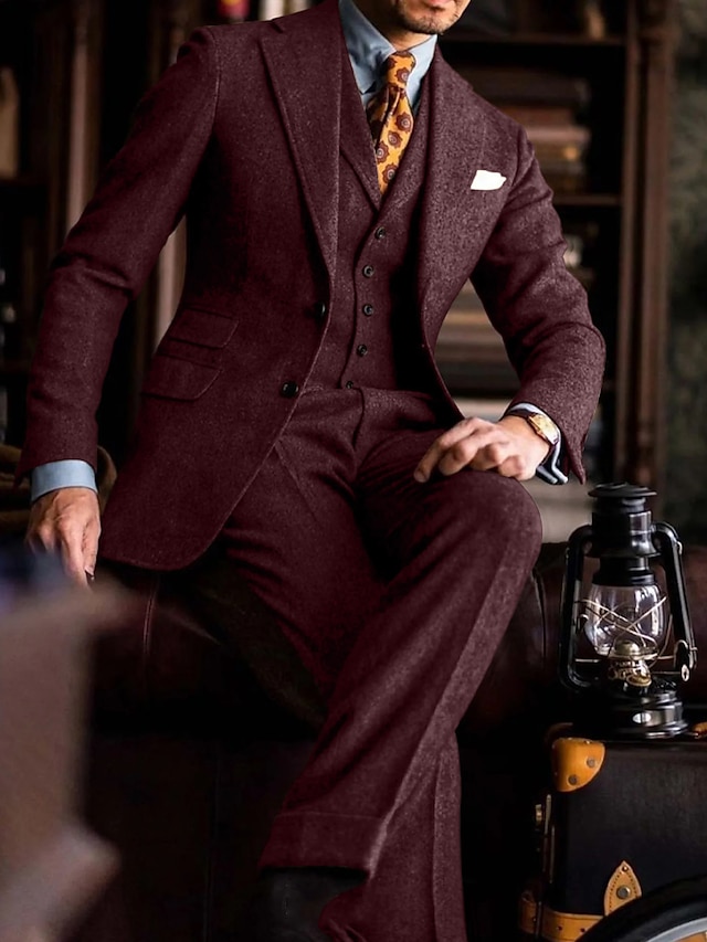  Herre Tweed Bryllup Dragter Lys Blå Bourgogne Ensfarvet Skræddersyet Fit 3 Delet Enkelt Knappet To-knapper