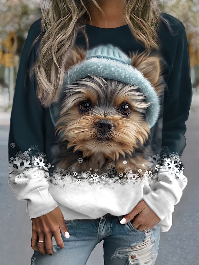  Dame Sweatshirt bluse Hund Afslappet Sport Sort Rød Blå Aktiv Sportstøj Rund hals Langærmet Top Mikroelastisk Efterår vinter