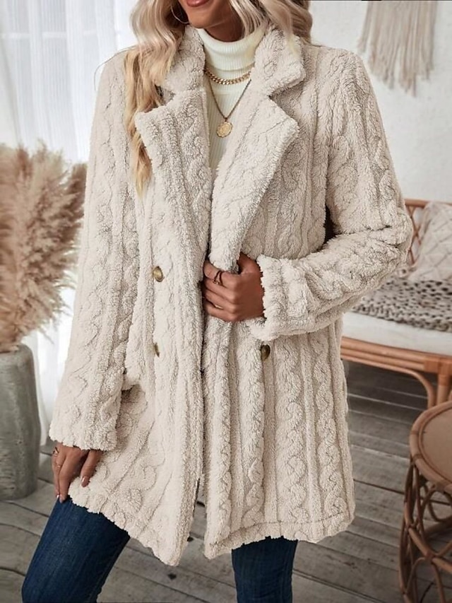  Women's Teddy Coat Fleece Sherpa Jacket Double Breasted Flannel Winter Coat Fall Windproof Thermal Warm Cream Heated Jacket Texture Long Sleeve Outerwear Fall Black Apricot
