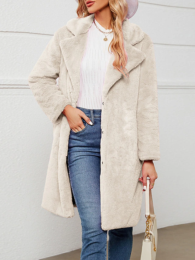 Women's Fleece Jacket Teddy Coat Warm Breathable Fleece Lined Casual Street Style Plain Vacation Street Daily Wear Going out Open Front Long Turndown Regular Fit Long Sleeve Outerwear Black Wine 15