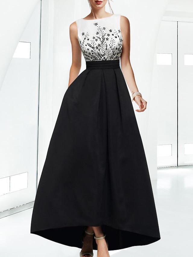  A-Line Evening Gown Elegant Dress Formal Evening Asymmetrical Sleeveless Boat Neck Fall Wedding Guest Satin with Appliques 2024