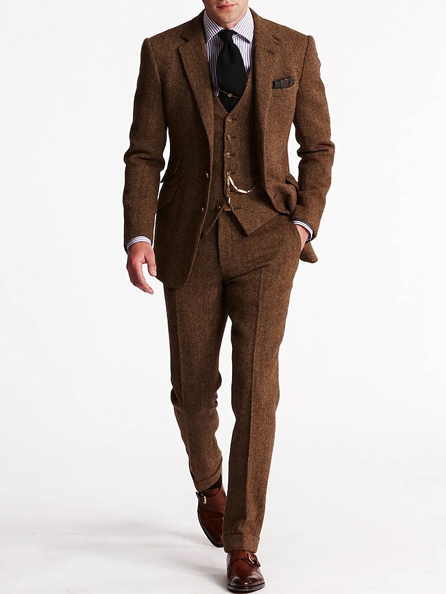  férfi tweed halszálkás öltöny 3 részes vintage retro molett egyszínű szabott egysoros kétgombos barna bordó sötét sötétzöld ősz/tél 2024