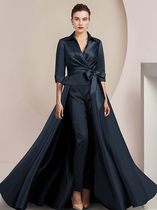  Two Piece Jumpsuit / Pantsuit Mother of the Bride Dress Formal Wedding Guest Elegant Shirt Collar Ankle Length Satin Half Sleeve with Bow(s) 2024