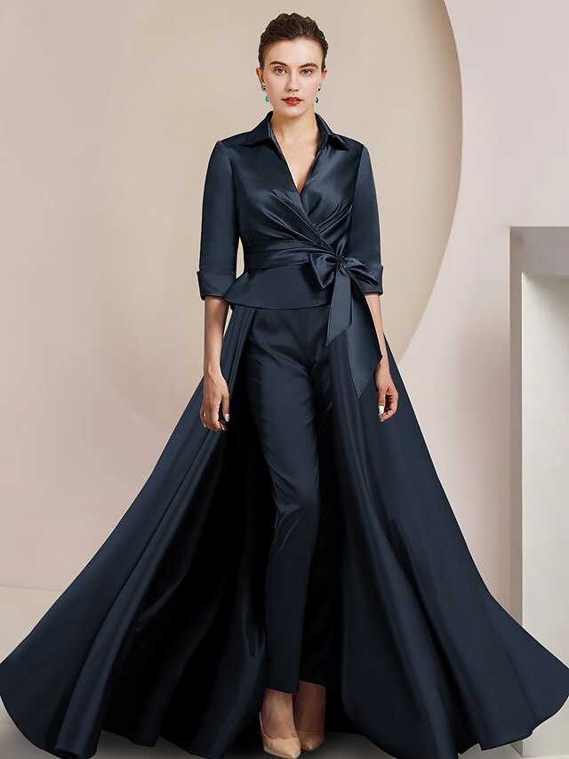 Jumpsuit Round Neck Long Sleeves Soft Satin Mother Of The  Groom Dress Pantsuit