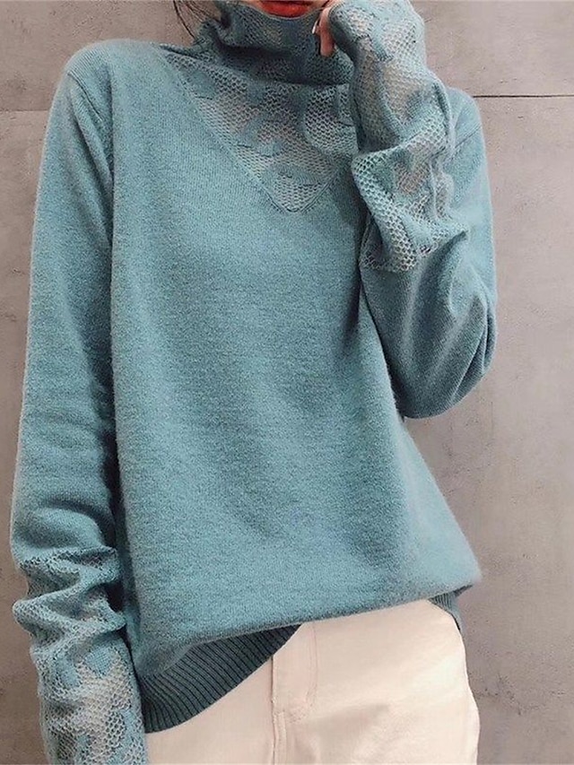  Women's Pullover Sweater Jumper Turtleneck Ribbed Knit Wool Patchwork Lace Trims Fall Winter Regular Outdoor Daily Going out Stylish Casual Soft Long Sleeve Solid Color Black White Blue S M L