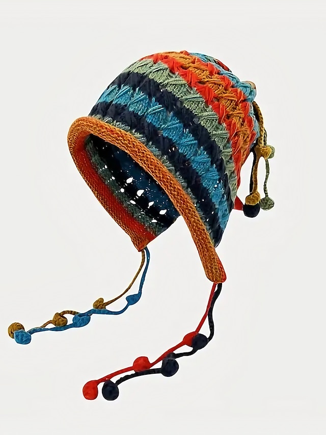  Boho Color Block Crochet Beanie Classic Hollow Out Skull Cap Vintage Warm Ear Flap Hat Tassel Decor Beanies For Women Autumn & Winter