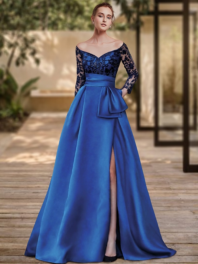  Sheath / Column Evening Gown High Split Dress Formal Wedding Guest Sweep / Brush Train 3/4 Length Sleeve Off Shoulder Charmeuse with Bow(s) Sequin Slit 2024