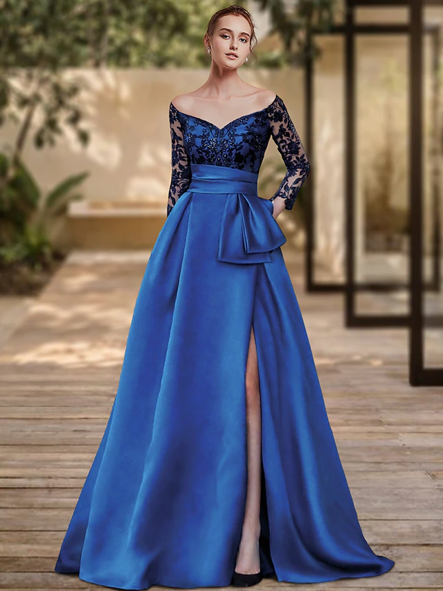 Sheath Evening Gown High Split Dress Formal Wedding Guest Sweep / Brush Train 3/4 Length Sleeve Off Shoulder Charmeuse with Bow(s) Sequin Slit 8