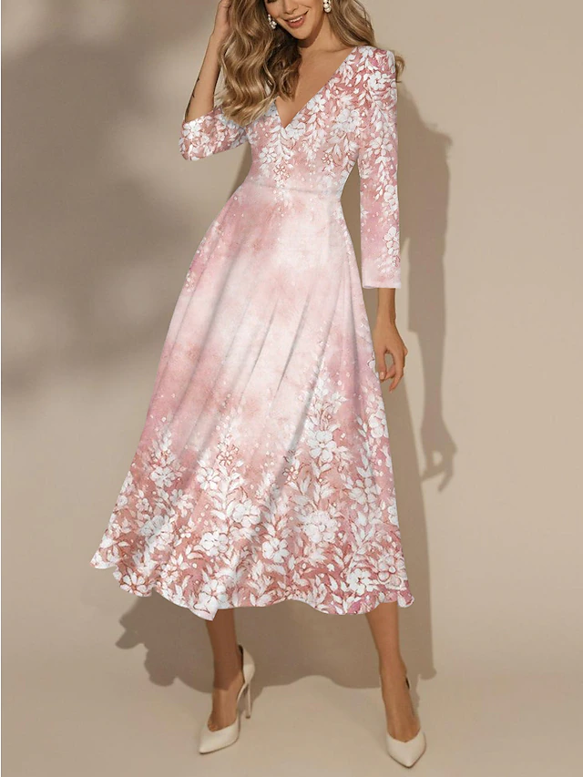 Women's Midi Dress Swing Dress Semi Formal Dress A Line Dress Print Dress Fashion Streetwear Modern Formal Outdoor Vacation Regular Fit Floral 3/4 Length Sleeve V Neck Pink Fall Winter4