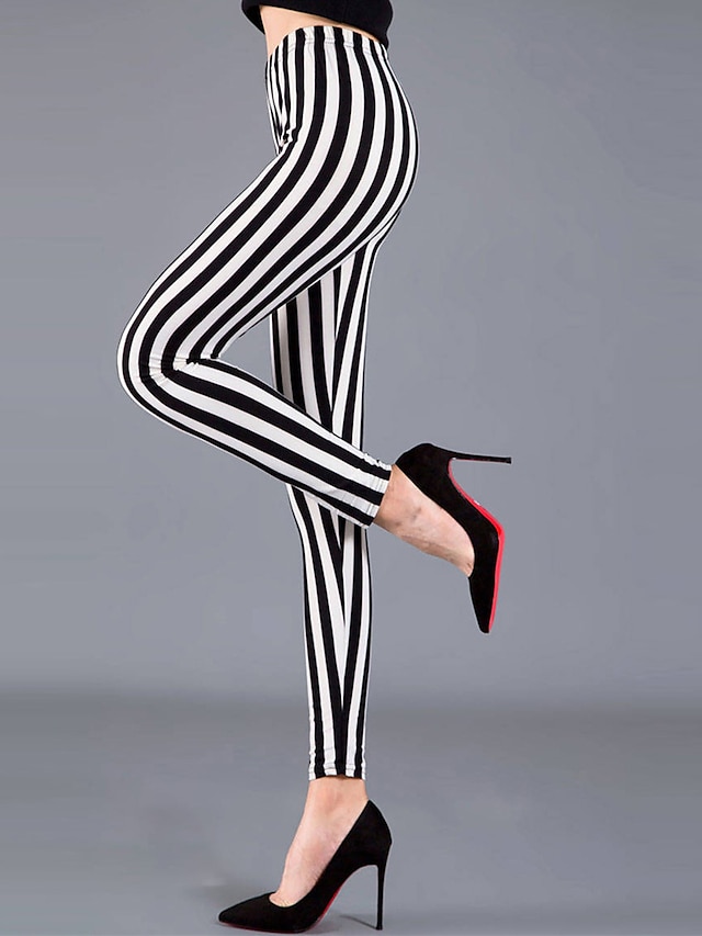  Women's Leggings Print Mid Waist Full Length Black and white stripes Fall