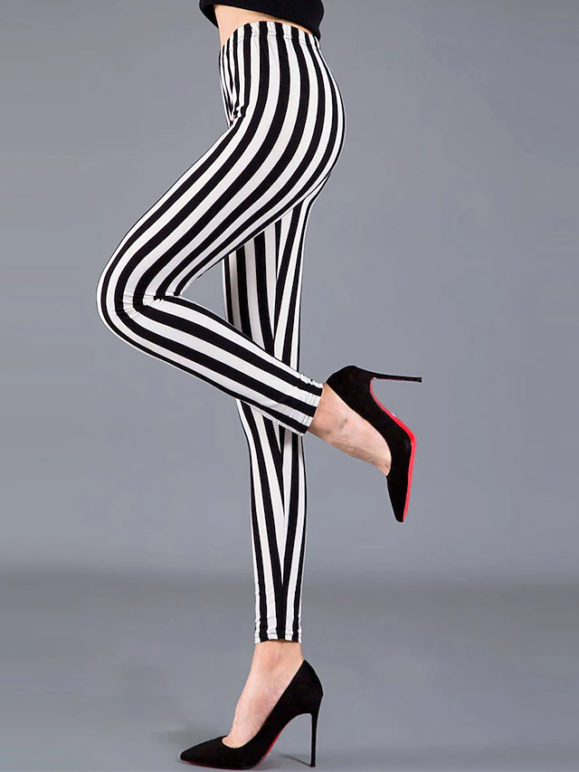 Women's Leggings Cozy Leggings Fashion Streetwear Full Length Mid Waist Geometric Striped Elastic Waist Print Breathability Comfortable Micro-elastic Outdoor Street Daily Black and white stripes 7