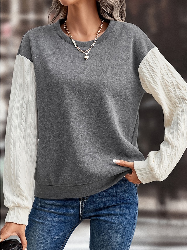  T shirt Tee Femme Gris Bloc de couleur Patchwork Plein Air du quotidien Mode Col Rond Texturé Standard S