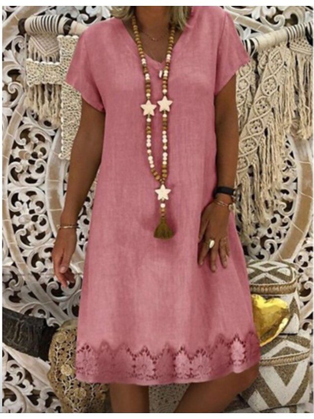 Women's Casual Dress Midi Dress Pink Short Sleeve Pure Color Print ...