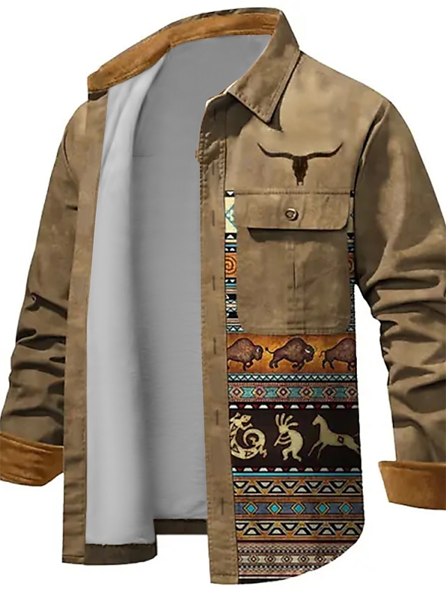  Tribal Bandana Print Epocă Tribal Bărbați Cămașă Jachetă cămașă În aer liber Stradă Casul / Zilnic Toamna iarna Răsfrânt Manșon Lung Maro S M L Cămașă