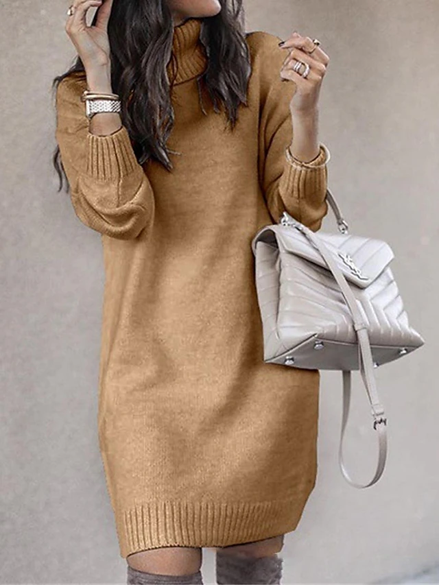 Women's Sweater Dress Stylish Casual Soft Solid Color Ribbed Turtleneck Knitted Long Sleeve Long Tops Knit Outdoor Daily Going out White Yellow Fall Winter 7