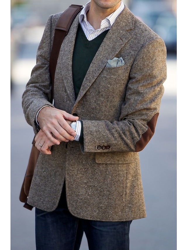  Chaqueta tipo blazer de tweed en espiga para hombre, vintage, talla grande, corte regular a medida, botonadura simple, dos botones, verde caqui 2024