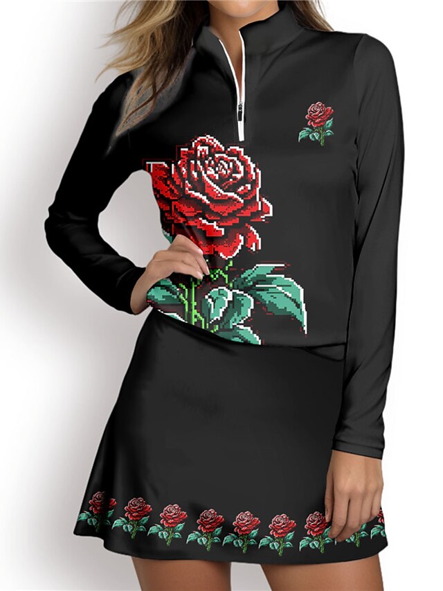  Femme T-shirt POLO Noir Rouge Marron manche longue Protection Solaire Top Floral Automne Hiver Tenue de golf Vêtements Tenues Porter des vêtements