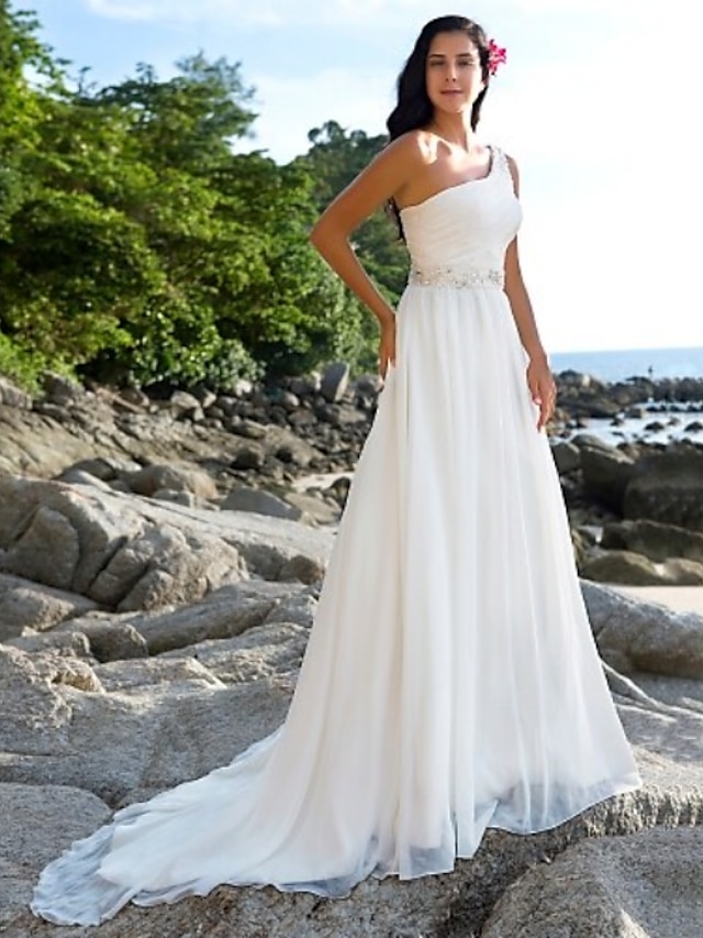  Beach Open Back Wedding Dresses Court Train A-Line Regular Straps One Shoulder Chiffon With Sash / Ribbon Beading 2023 Summer Bridal Gowns