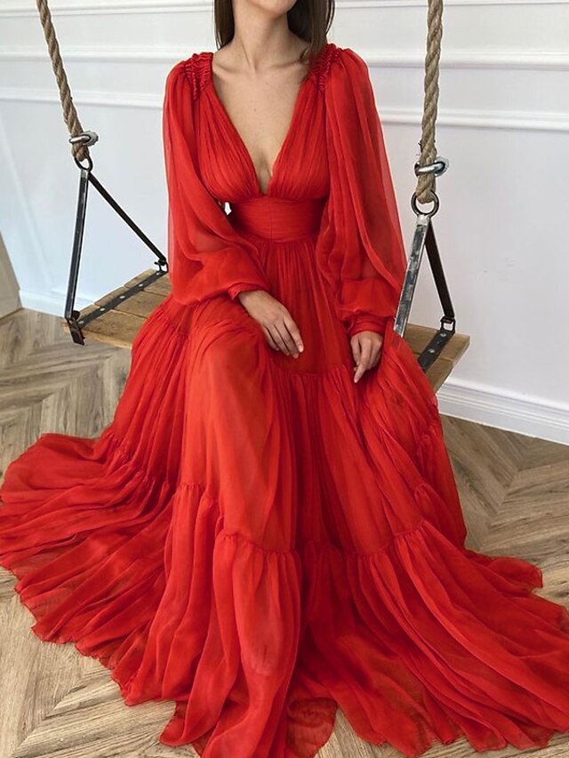  Abito da sera A-Line abito elegante formale ospite di matrimonio lunghezza fino al pavimento maniche lunghe scollo a V in chiffon con arricciature