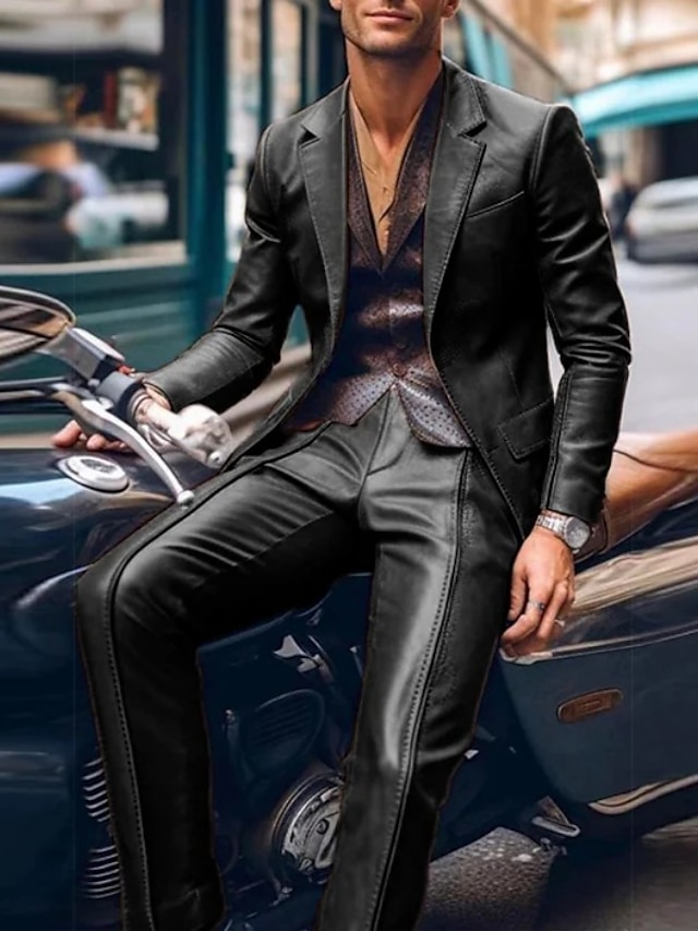  Black Brown Men's Party Suits PU Leather 2 Piece Solid Colored Tailored Fit Single Breasted Two-buttons 2024