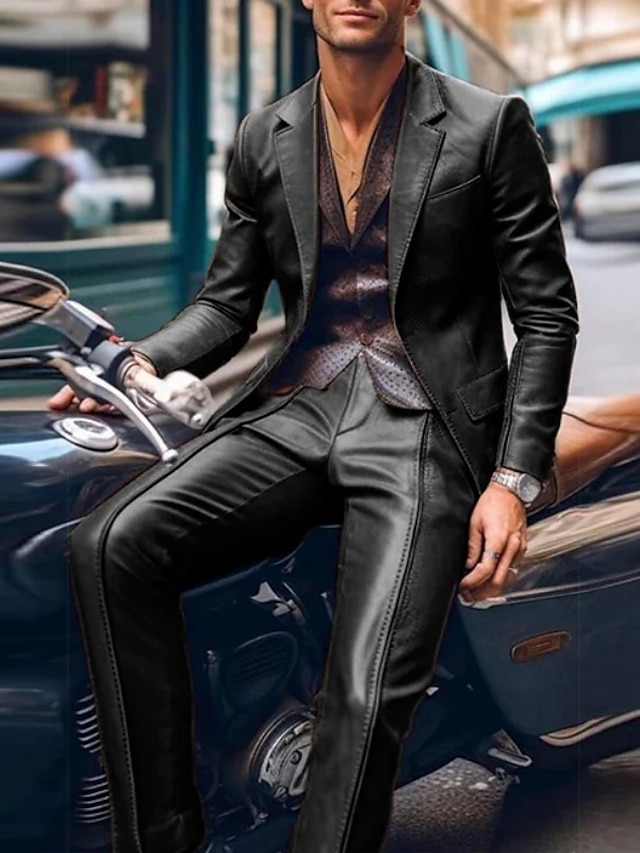  Heren Feestpak Zwart Bruin PU Leer Casual Effen Kleur Tailored Fit 2-delig Enkel-gebotonneerd Met Twee Knopen
