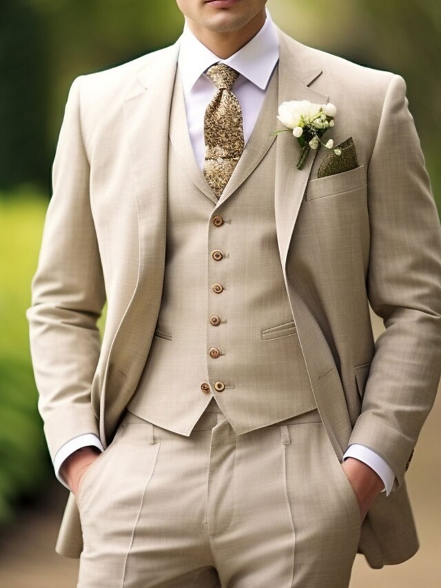 Costumes de mariage beiges pour hommes, 3 pièces, couleur unie, coupe