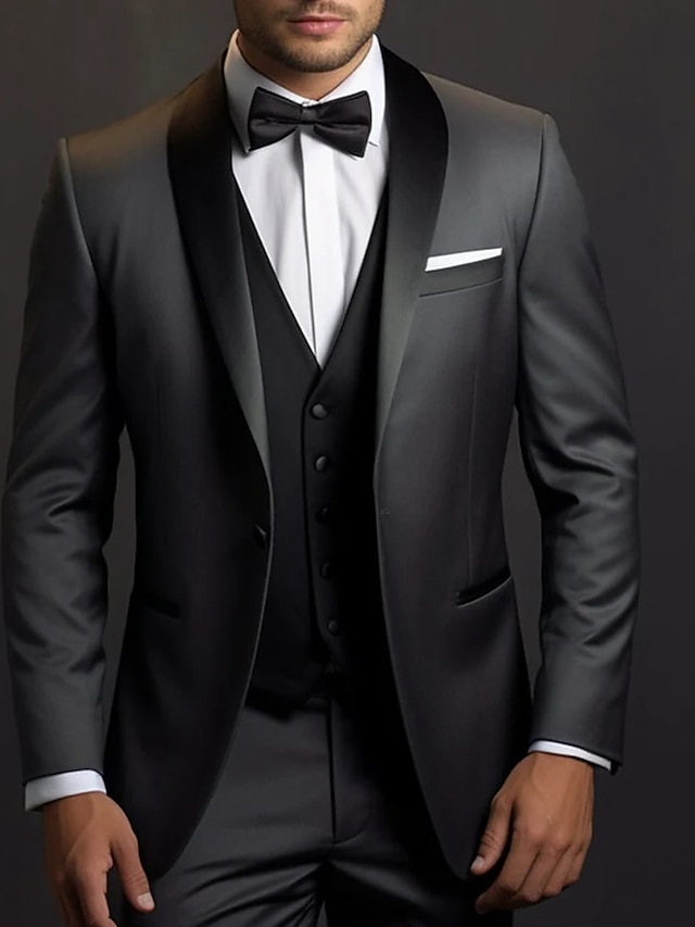  Black Men's Prom Suits Wedding Party Tuxedos 3 Piece Shawl Collar Solid Colored Plus Size Tailored Fit Single Breasted One-button 2024