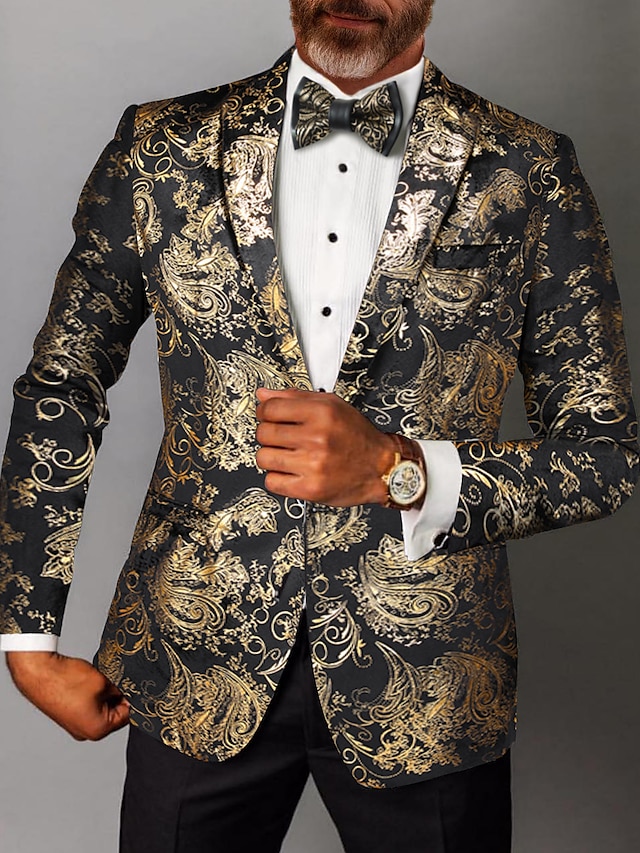  Herr Kavajjacka Kavaj Mode party Klassisk Blommig Blazer Silver Guld Standardpassform Singelknäppt 1 Knapp