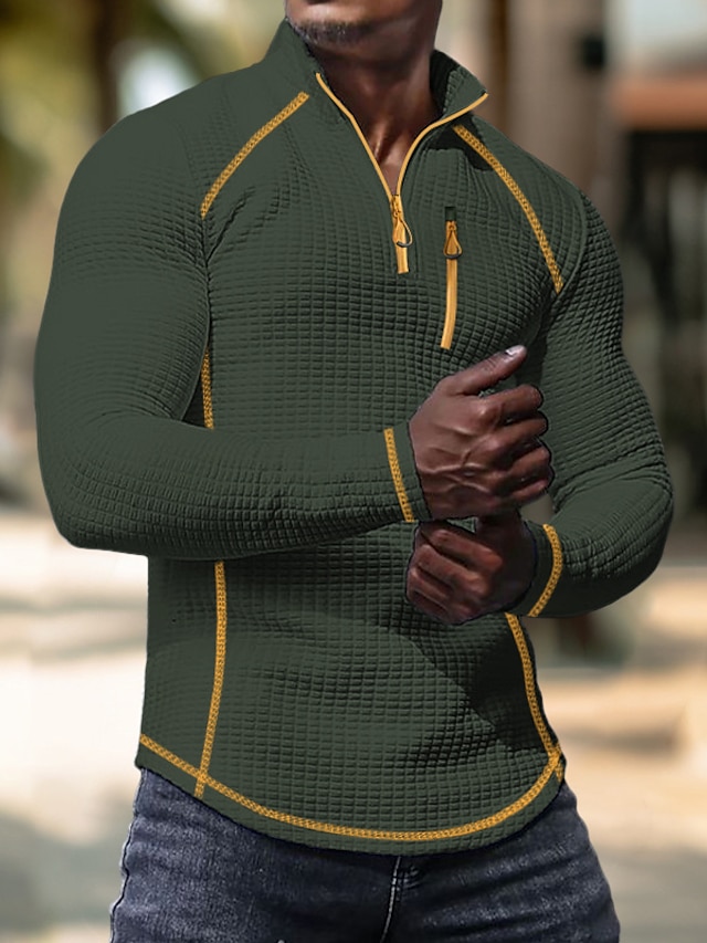  Homme T-shirt gaufré Chemise gaufrée T-shirt Chemise à Manches Longues manche longue Col montant Printemps & Automne Bloc de Couleur Mode Designer Basique Quart de zip Vacances Rue Sortir Noir