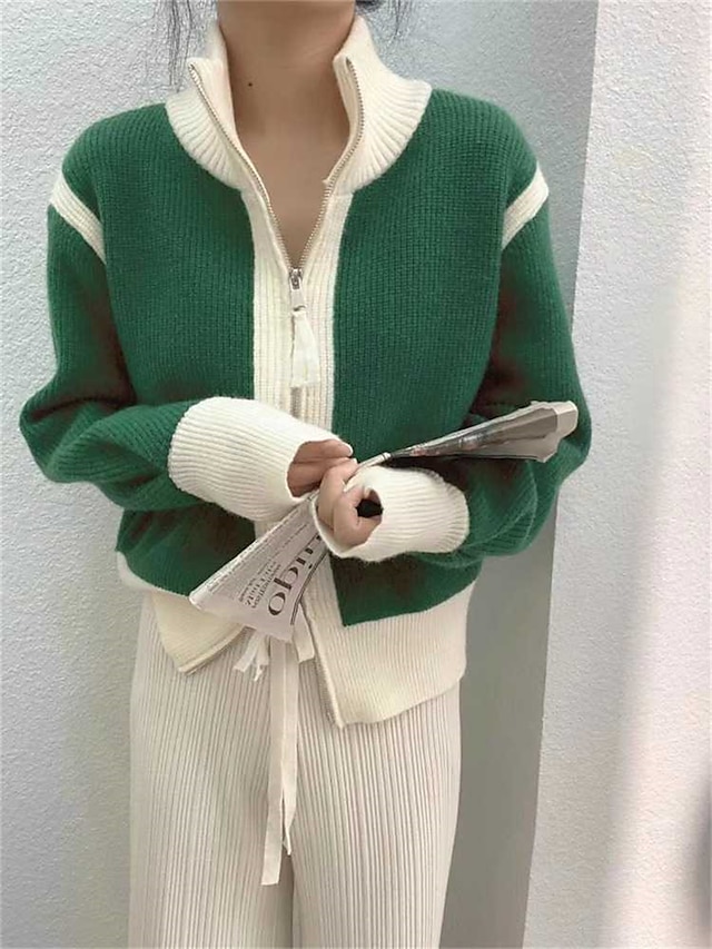  Women's Cardigan Sweater Stand Collar Ribbed Knit Knit Patchwork Zipper Fall Winter Regular Outdoor Daily Going out Stylish Casual Soft Long Sleeve Color Block Black White Green S M L