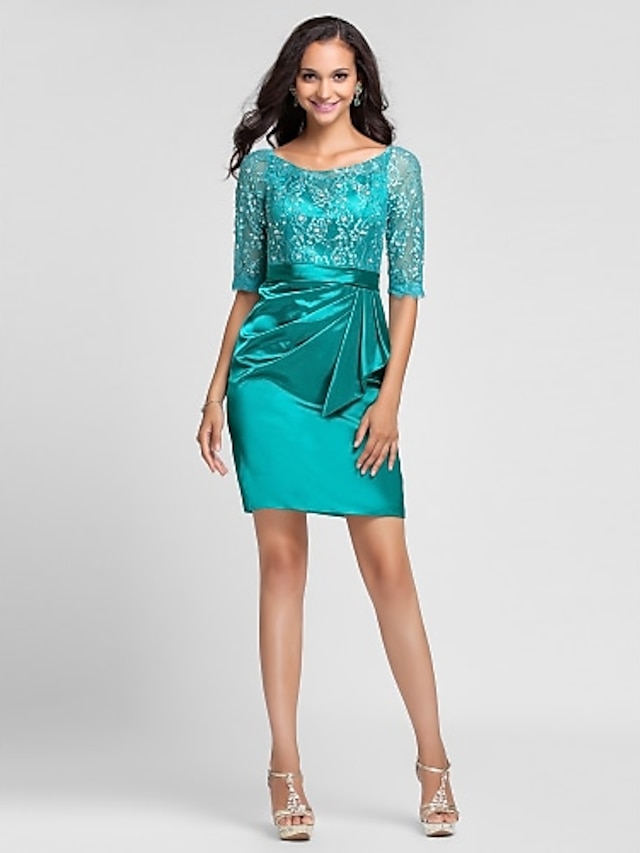  Ball Gown Homecoming Cocktail Party Dress Scoop Neck Half Sleeve Short / Mini Lace Stretch Satin with Beading Side Draping 2021