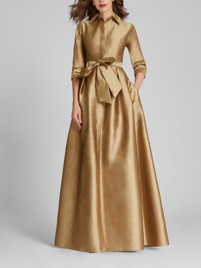  Satin A-Line Evening Gown Champagne Gold Minimalist Black Red Green Dress Dress Formal Fall Floor Length Half Sleeve Shirt Collar with Bow(s) Pleats 2024