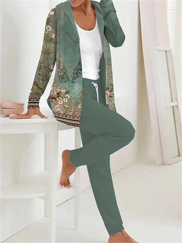 Women's 2 Pieces Hoodie Tracksuits Active Daily Pants Sets Pants Trousers Long Sleeve Hooded Floral Drawstring Print Outdoor Casual White Pink Dark Navy Fall & Winter Regular Fit 9