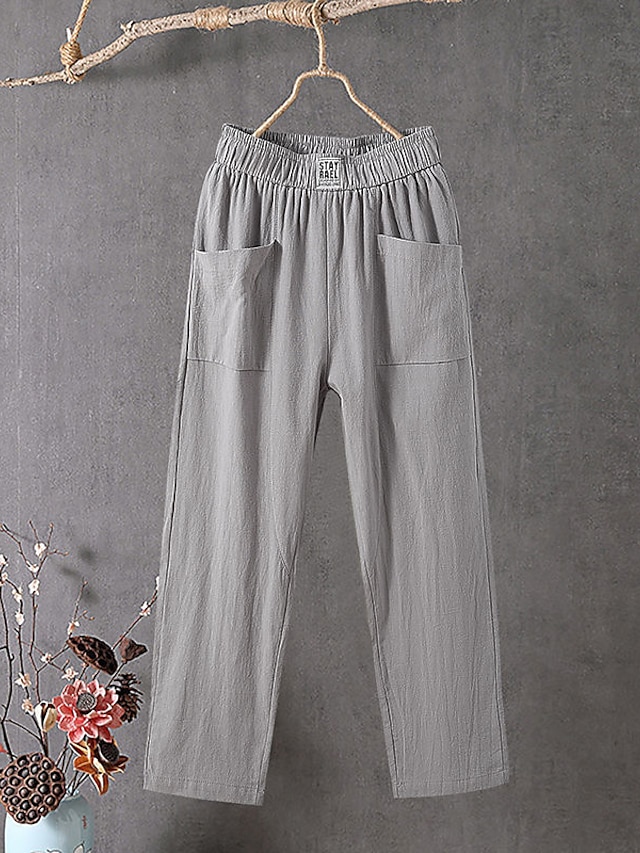  Women's Cotton Linen Pants Slacks Baggy Pants Solid Classic Ankle-Length Mid Waist Pocket Baggy Elastic Drawstring Design Comfort Breathability Soft Micro-elastic Dailywear Casual Black White Red