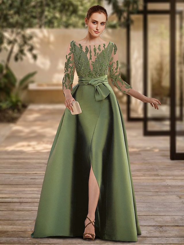  A-Line Evening Gown Open Back Dress Formal Wedding Guest Floor Length 3/4 Length Sleeve Scoop Neck Lace with Slit Strappy 2024