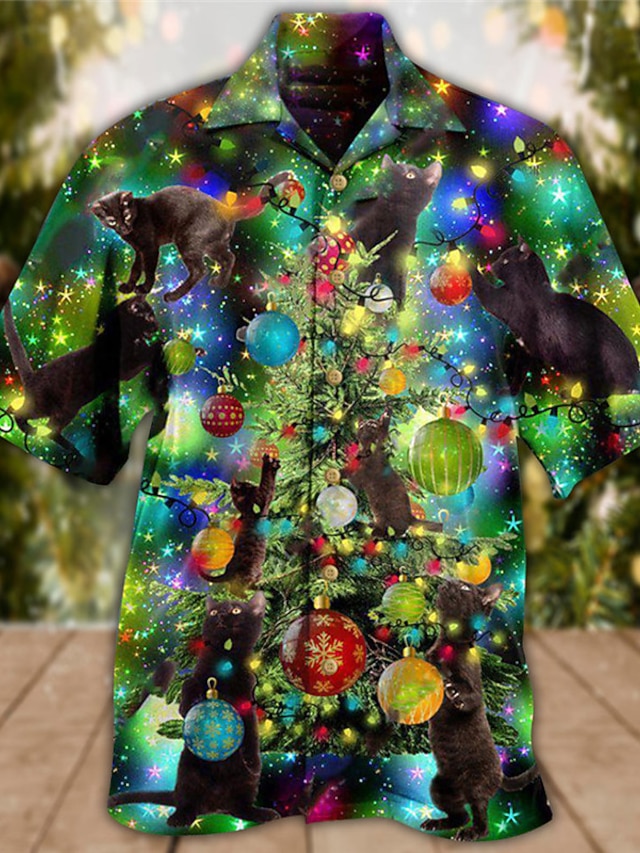  camisas masculinas de natal com estampa de luzes de natal, camisas casuais para áreas externas, rua, outono, manga curta, verde, s m l