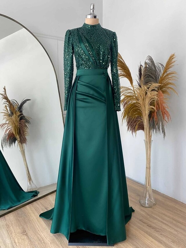 Sheath High Neck Beaded Long Sleeves Sweep Train Evening Formal Dress