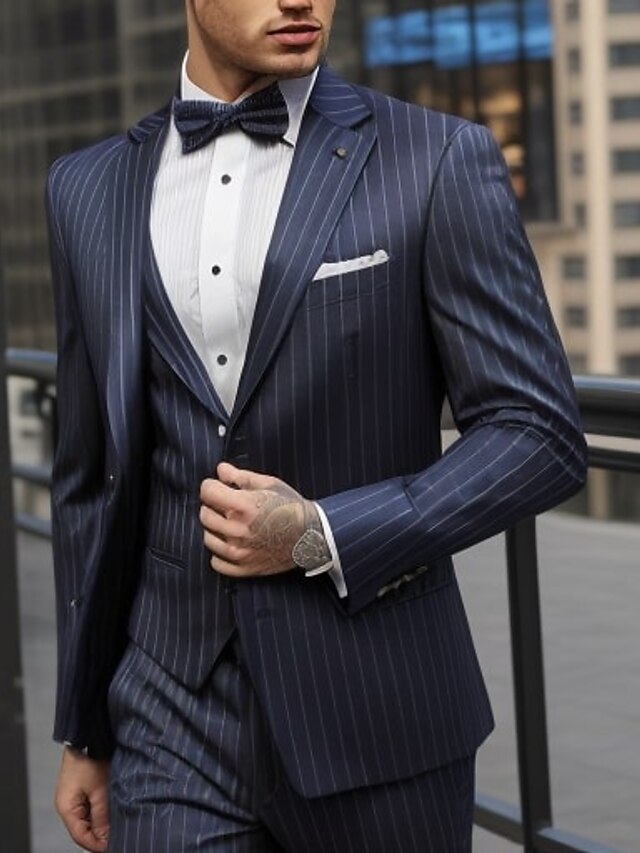 Dark Navy Men's Wedding Pinstripe Suits 3 Piece Slim Fit Single