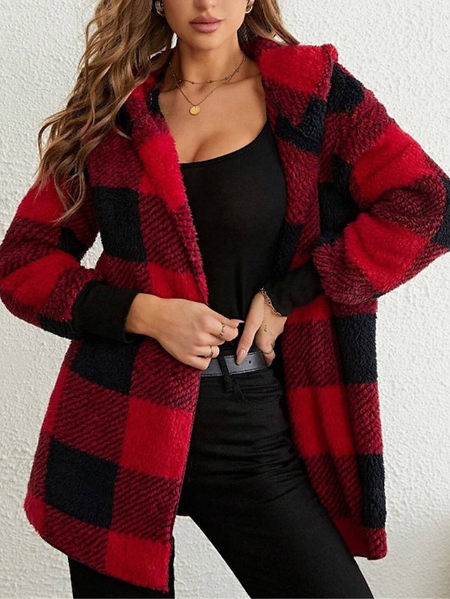  Women's Fleece Jacket Teddy Coat Hoodie Jacket Warm Breathable Valentine's Day Street Daily Wear Vacation Pocket Fleece Lined Open Front Hoodie Casual Street Style Stripes and Plaid Regular Fit