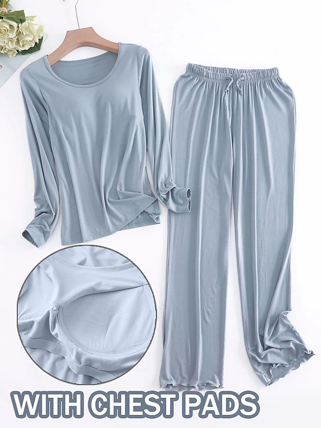 Women's Pajamas Sets Pure Color Casual Comfort Home Bed Modal Breathable Crew Neck Long Sleeve Shirt Pant Fall Winter Home Outfits 20