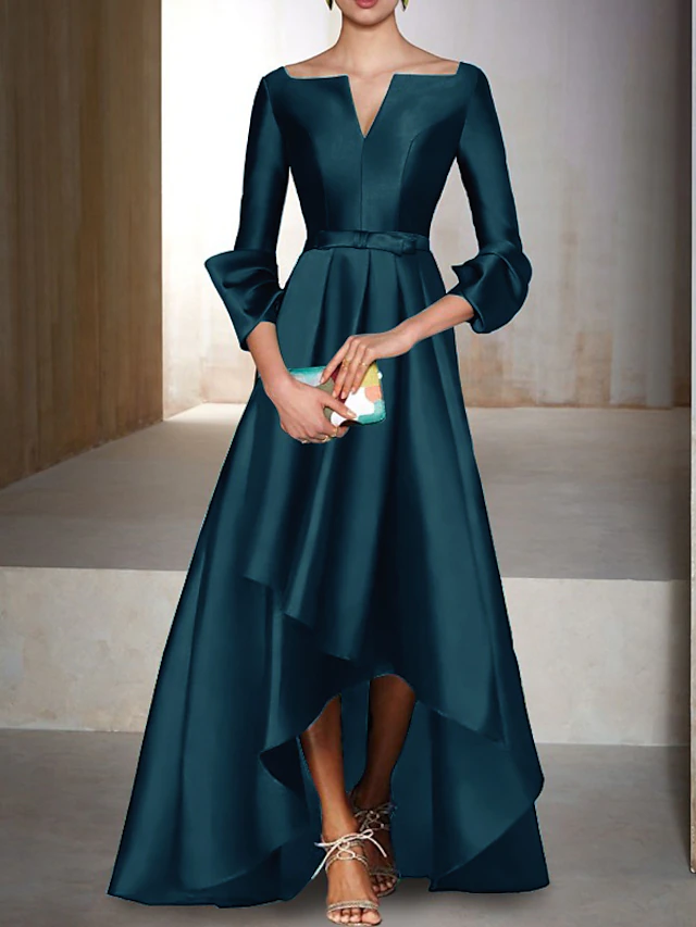 A-Line Evening Gown Elegant Dress Formal Wedding Guest Floor Length 3/4 Length Sleeve V Neck Satin with Bow(s) 7