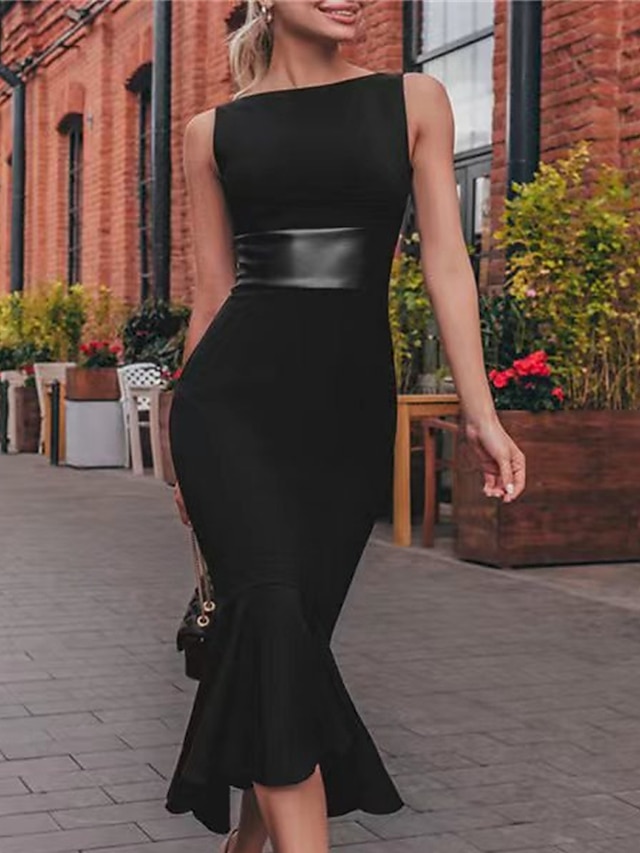  Γυναικεία Μαύρο φόρεμα Φόρεμα για πάρτυ Κοκτέιλ Φόρεμα Σουρωτά Στρογγυλή Ψηλή Λαιμόκοψη Αμάνικο Μίντι φόρεμα Γενέθλια Διακοπές Μαύρο Χειμώνας