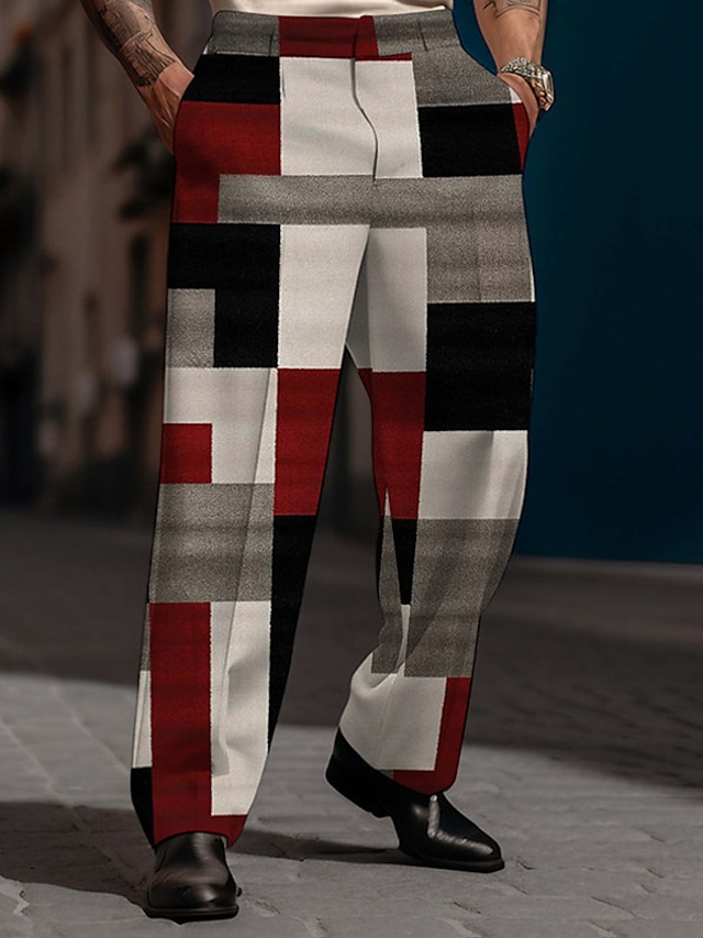  Kratka Geometria Biznes Codzienny Męskie Druk 3D Spodnie Na zewnątrz Ulica Odzież do pracy Poliester Wino Niebieski Brązowy S M L Wysoki Elastyczność Spodnie