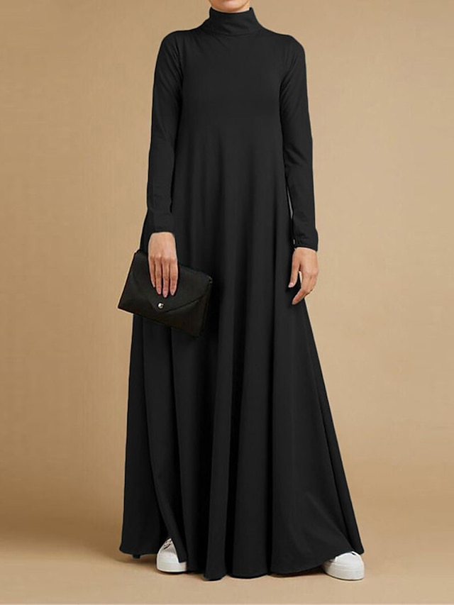  نسائي فستان اسود فستان طويل ماكسي جيب مناسب للبس اليومي عطلة موضة أساسي مرتفعة كم طويل أسود وردي بلاشيهغ أزرق اللون