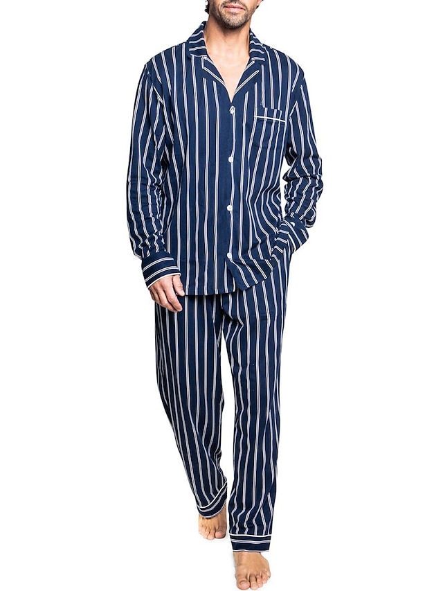  Herr Vardagsklädsel Sovkläder Pyjamas set Pyjamastopp och byxa 2 delar Rand Stylish Ledigt Komfort Hem Dagligen Bomullsblandning Komfort Kavajslag Långärmad Skjorta Byxa Snörning Elastisk midja